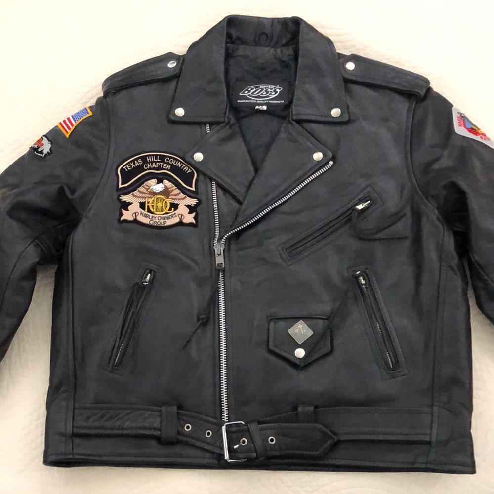 Top quality classic leather biker jacket, custom patchwork, quilted inside